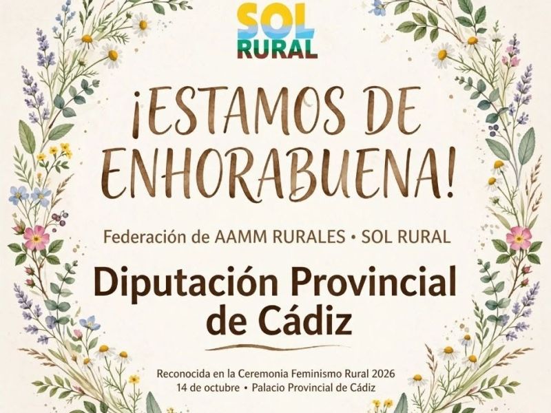 Federación Sol Rural recibe el reconocimiento de la Diputación de Cádiz por 25 años de trabajo por la igualdad