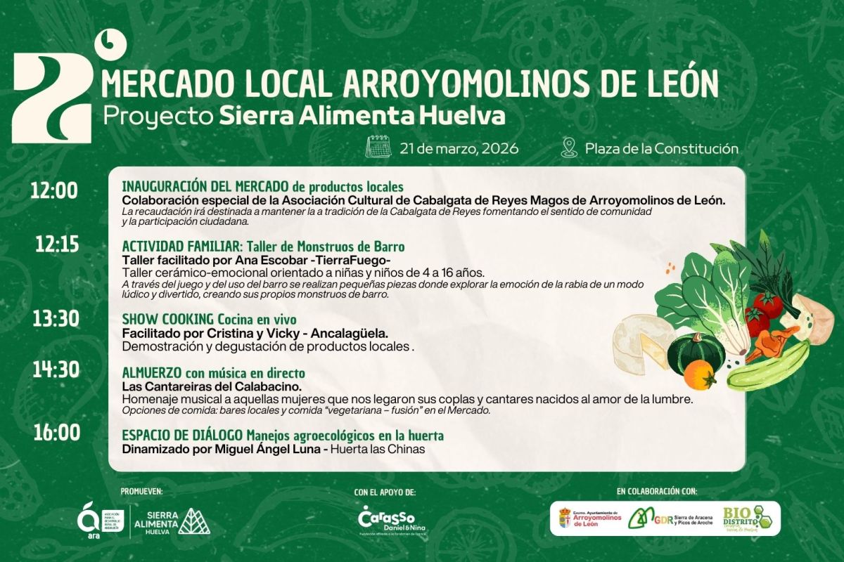 El segundo Mercado local de SierraAlimenta Huelva se celebrará en Arroyomolinos de León
