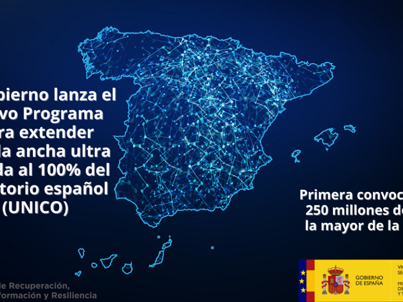 Nuevo Programa para extender banda ancha ultra rápida al 100% del territorio español (UNICO), con una primera convocatoria de 250M€