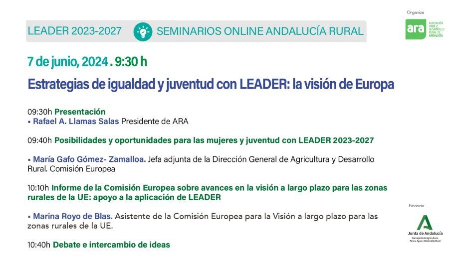 La igualdad de género y la juventud en las estrategias LEADER protagonizan el nuevo seminario online Andalucía Rural