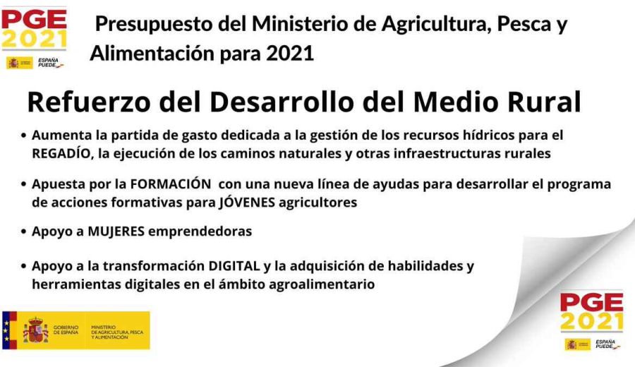 El presupuesto del Ministerio de Agricultura, Pesca y Alimentación para 2021 sube el 10,5%, hasta 8.496,2 millones de euros