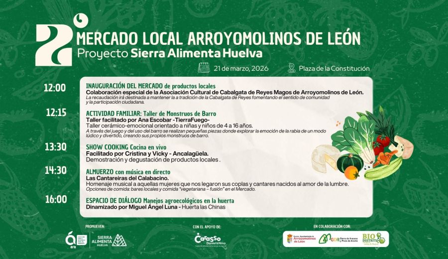 El segundo Mercado local de SierraAlimenta Huelva se celebrará en Arroyomolinos de León