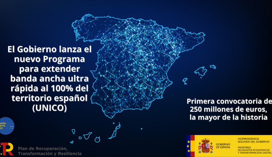 Nuevo Programa para extender banda ancha ultra rápida al 100% del territorio español (UNICO), con una primera convocatoria de 250M€