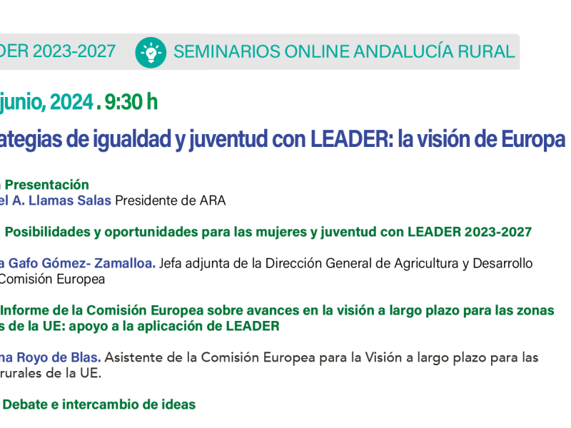 La igualdad de género y la juventud en las estrategias LEADER protagonizan el nuevo seminario online Andalucía Rural