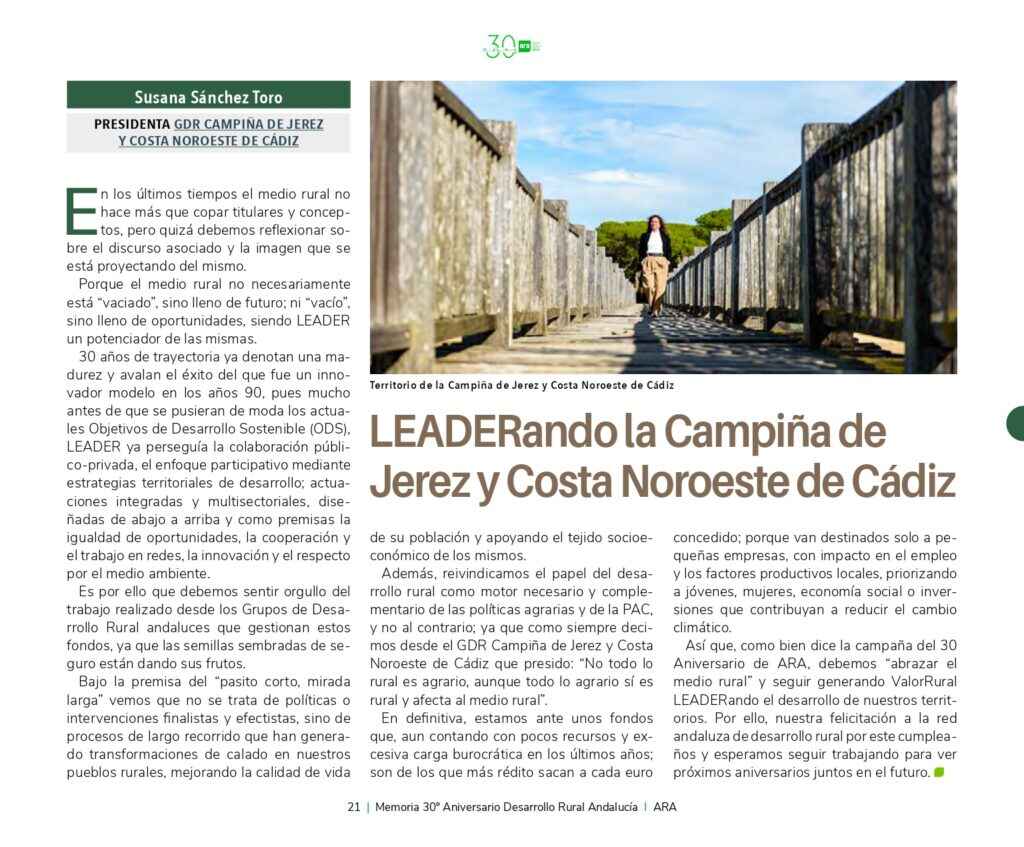 Susana Sánchez: "LEADERando la Campiña de Jerez y Costa Noroeste de Cádiz" Asociación para el Desarrollo Rural de Andalucía Memoria 2023 Aniversario ARA 21
