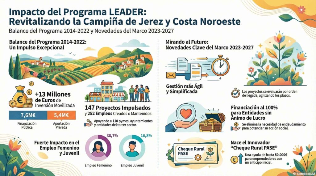 LEADER moviliza más de 13 millones de euros en inversiones a través de 147 proyectos en la Campiña de Jerez y Costa Noroeste Asociación para el Desarrollo Rural de Andalucía Infografia Balance 2014 2020 GDR LEADER baja